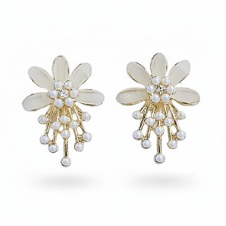 Elegant White Flower Pearl Stud Earrings Stylish Gold Plated Floral Jewellery - Earrings | Buy online on ZillyBuy