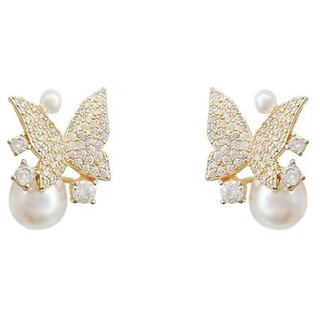 Butterfly Diamond Pearl Stud Earrings Elegant Gold Plated Design With Sparkling Stones - Earrings | Buy online on ZillyBuy