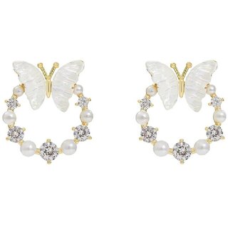 Elegant Butterfly Pearl And Diamond Circular Hoop Earrings Korean Jewellery - Earrings | Buy online on ZillyBuy
