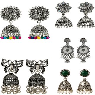 Oxidised Silver Jhumka Earrings Combo - Ethnic Boho Style for Women - Earrings | Buy online on ZillyBuy