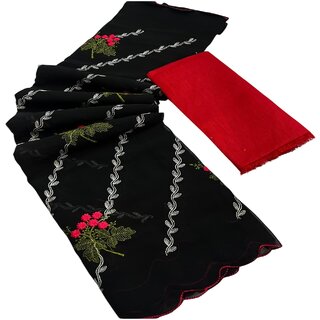 Elegant Black Faux Georgette Embroidered Floral Saree with Red Banglori Blouse - Sarees | Buy online on ZillyBuy