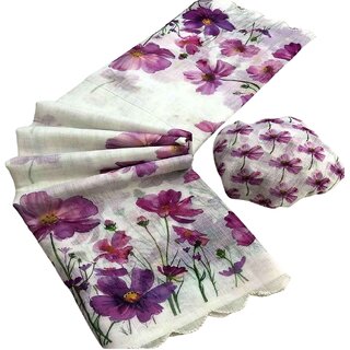 Elegant Lavender Floral Printed Linen Saree with Scalloped Lace Trim - Sarees | Buy online on ZillyBuy