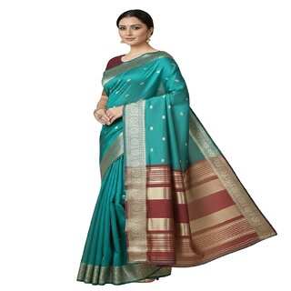 Elegant Haryanvi Silk Saree with Turquoise and Maroon Pallu - Sarees | Buy online on ZillyBuy
