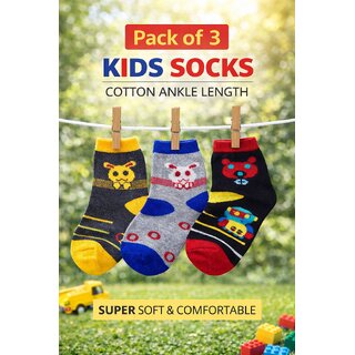 Kids Cotton Ankle Socks Pack of 3 Super Soft Comfortable Cute Cartoon Designs - Socks | Buy online on ZillyBuy