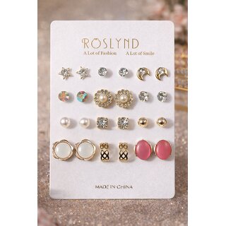 Haya AURA Korean 12 Pcs Stud Earrings Combo for Women  Girls  Assorted Crystal, Pearl, Floral  Gold-Tone Designs  Li - Earrings | Buy online on ZillyBuy