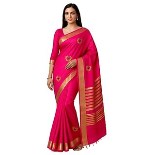 Pink Silk Saree with Golden Border Heart Embroidery Traditional Indian Wear - Sarees | Buy online on ZillyBuy
