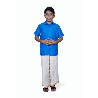 Varanakala - Boys Birthday, Festivel Party Dhoti and Shirt Set With Towel.( Art Silk - Blue Colour. Pack of 1 ) - Ethnic Wear | Buy online on ZillyBuy