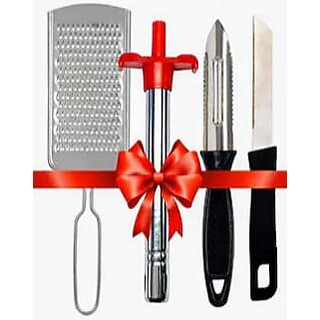 Kitchen Essential Tool Set Pack of 4 | Gas Lighter, Peeler, Knife & Stainless Steel Grater
