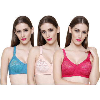 ZIVOK (Pack of 3) Women Full Coverage Non Padded Bra (Pink, Green, Beige)