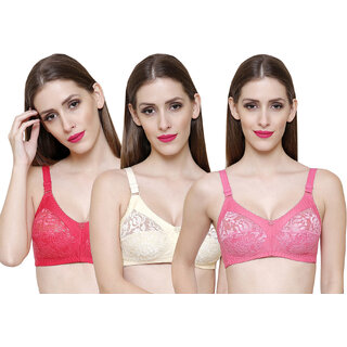 ZIVOK (Pack of 3) Women Full Coverage Non Padded Bra (Pink, Beige, Red)