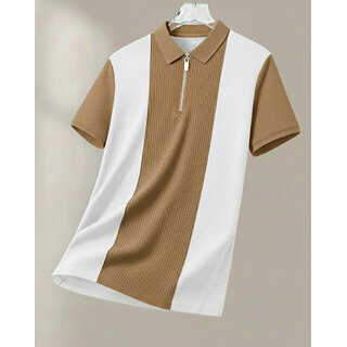 Ausk Mens White, Beige Checkered Cotton Blend Polo T-Shirt
