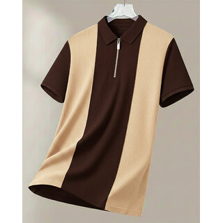 Ausk Mens Off White, Brown Checkered Cotton Blend Polo T-Shirt