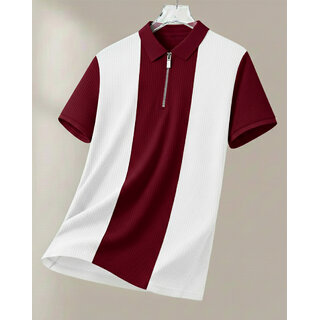 Ausk Mens Maroon, White Checkered Cotton Blend Polo T-Shirt