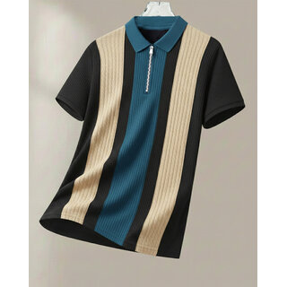 Ausk Mens Beige, Black Checkered Cotton Blend Polo T-Shirt