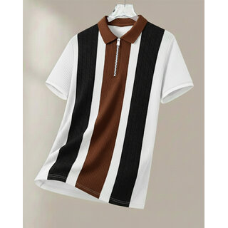 Ausk Mens White, Coffee Checkered Cotton Blend Polo T-Shirt