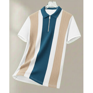 Ausk Mens Off White, Teal Blue Checkered Cotton Blend Polo T-Shirt