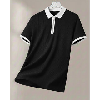 Ausk Mens Black, White Solid Cotton Blend Polo T-Shirt