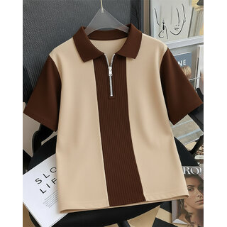 Ausk Mens Off White, Brown Checkered Cotton Blend Polo T-Shirt