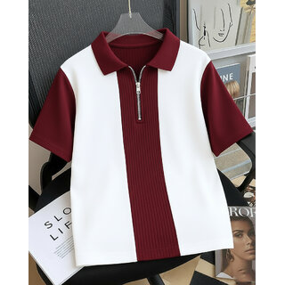 Ausk Mens Maroon, White Checkered Cotton Blend Polo T-Shirt