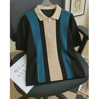 Ausk Mens Black, Teal Blue Checkered Cotton Blend Polo T-Shirt