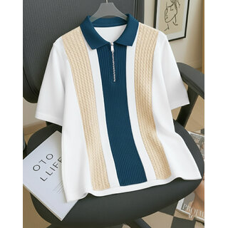 Ausk Mens Off White, Teal Blue Checkered Cotton Blend Polo T-Shirt