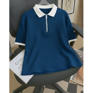 Ausk Mens Teal Blue, White Solid Cotton Blend Polo T-Shirt