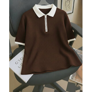 Ausk Mens Brown, White Solid Cotton Blend Polo T-Shirt