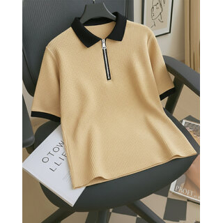 Ausk Mens Beige, Black Solid Cotton Blend Polo T-Shirt