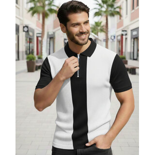 Ausk Mens Black, White Checkered Cotton Blend Polo T-Shirt
