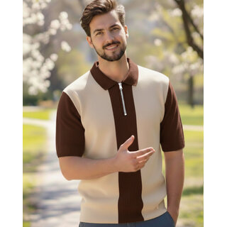 Ausk Mens Off White, Brown Checkered Cotton Blend Polo T-Shirt
