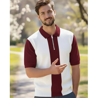 Ausk Mens Maroon, White Checkered Cotton Blend Polo T-Shirt