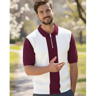 Ausk Mens Purple, White Checkered Cotton Blend Polo T-Shirt