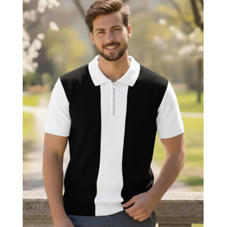 Ausk Mens Beige, Black Checkered Cotton Blend Polo T-Shirt