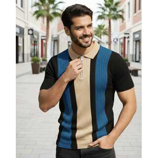 Ausk Mens Black, Teal Blue Checkered Cotton Blend Polo T-Shirt