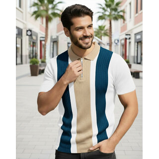 Ausk Mens Teal Blue, White Checkered Cotton Blend Polo T-Shirt