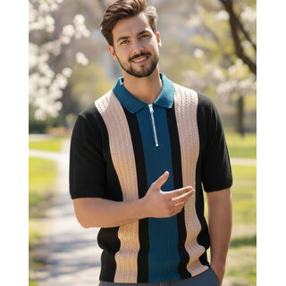 Ausk Mens Beige, Black Checkered Cotton Blend Polo T-Shirt