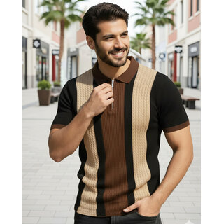 Ausk Mens Coffee, Black Checkered Cotton Blend Polo T-Shirt