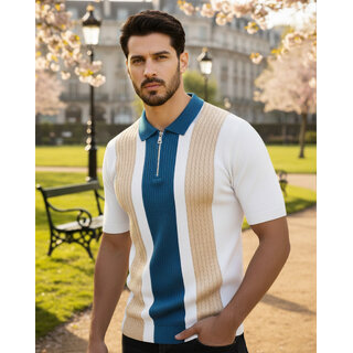 Ausk Mens Off White, Teal Blue Checkered Cotton Blend Polo T-Shirt