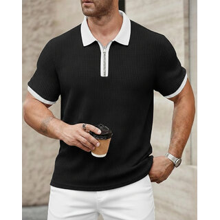 Ausk Mens Black, White Solid Cotton Blend Polo T-Shirt