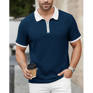 Ausk Mens Teal Blue, White Solid Cotton Blend Polo T-Shirt