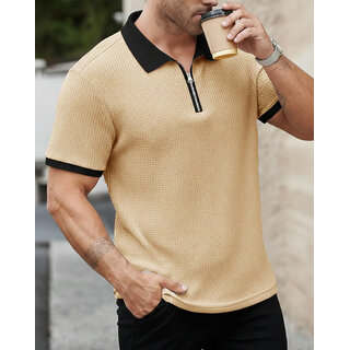 Ausk Mens Beige, Black Solid Cotton Blend Polo T-Shirt