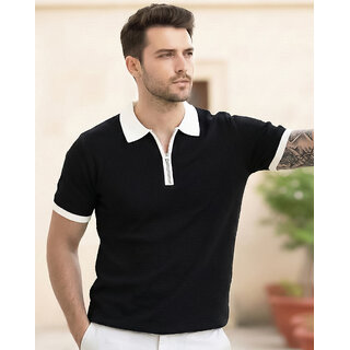 Ausk Mens Black, White Solid Cotton Blend Polo T-Shirt