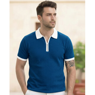 Ausk Mens Teal Blue, White Solid Cotton Blend Polo T-Shirt