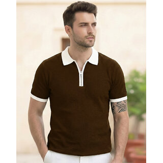 Ausk Mens Brown, White Solid Cotton Blend Polo T-Shirt