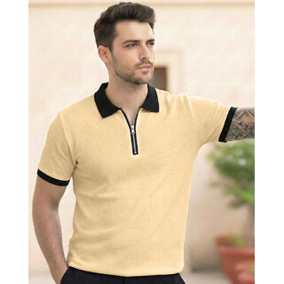 Ausk Mens Beige, Black Solid Cotton Blend Polo T-Shirt