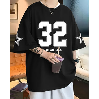 Ausk Mens Black Printed Cotton Blend Round Neck Oversized T-Shirt