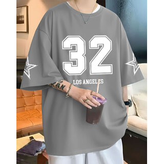 Ausk Mens Grey Printed Cotton Blend Round Neck Oversized T-Shirt