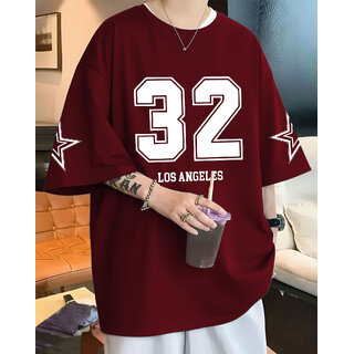 Ausk Mens Maroon Printed Cotton Blend Round Neck Oversized T-Shirt