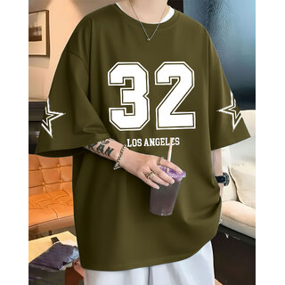 Ausk Mens Green Printed Cotton Blend Round Neck Oversized T-Shirt
