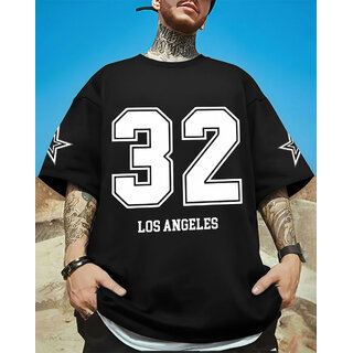 Ausk Mens Black Printed Cotton Blend Round Neck Oversized T-Shirt